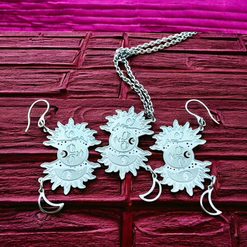 🆕 Sun and Moon Laser Etched Necklace and Earrings Set Stainless Steel